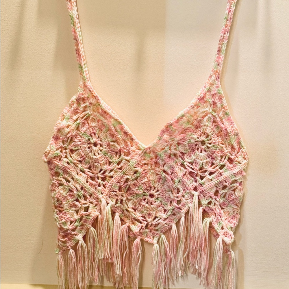 Crochet Fringe Pink Top